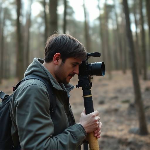 A behind-the-scenes photo of a location scout examining a potential filming site in a forest.