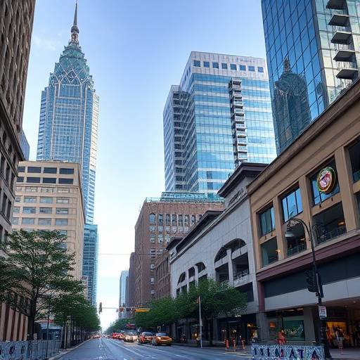 A bustling street scene in downtown Atlanta with modern skyscrapers and vibrant city life.
