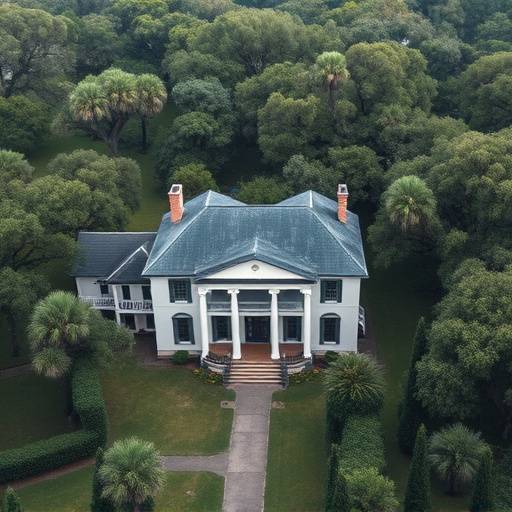 A drone shot of a historic plantation house near Savannah, Georgia, with sprawling grounds and Spanish moss-covered oak trees.