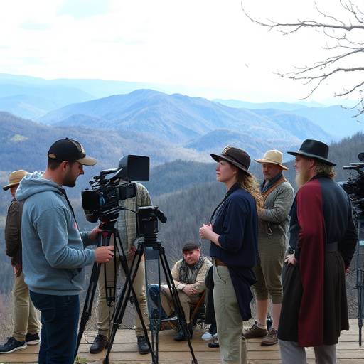A film crew setting up a shot in the Blue Ridge Mountains, Georgia, with camera equipment and actors in costume.