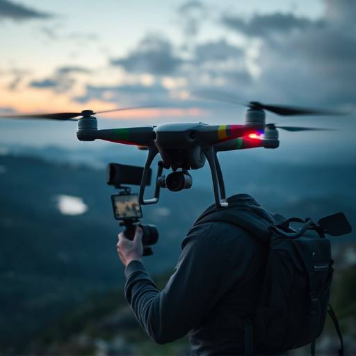 A filmmaker using a drone to capture aerial footage of a landscape.
