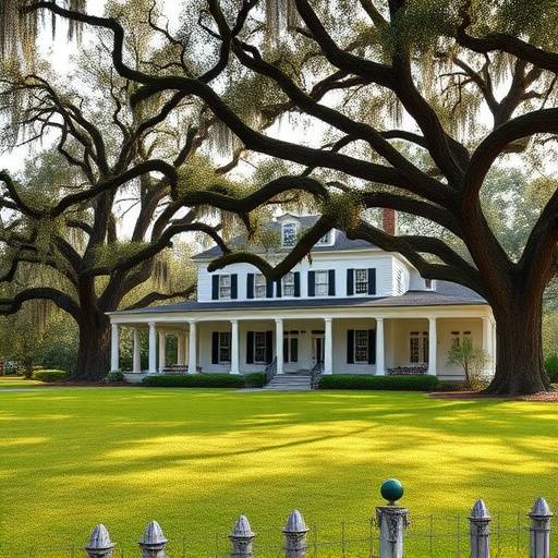A grand antebellum plantation home near Savannah, Georgia, with expansive lawns and ancient oak trees draped in Spanish moss.