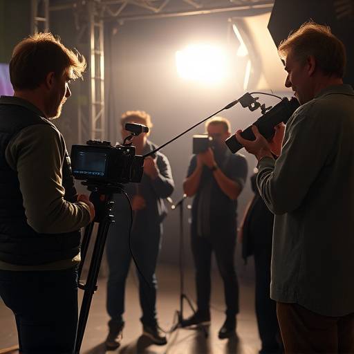 A group of filmmakers collaborating on set, discussing shot composition and lighting.
