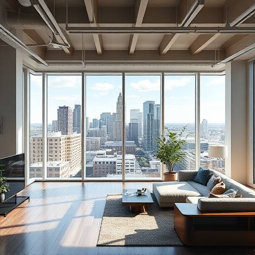 A modern loft apartment in downtown Atlanta with floor-to-ceiling windows offering stunning city views.