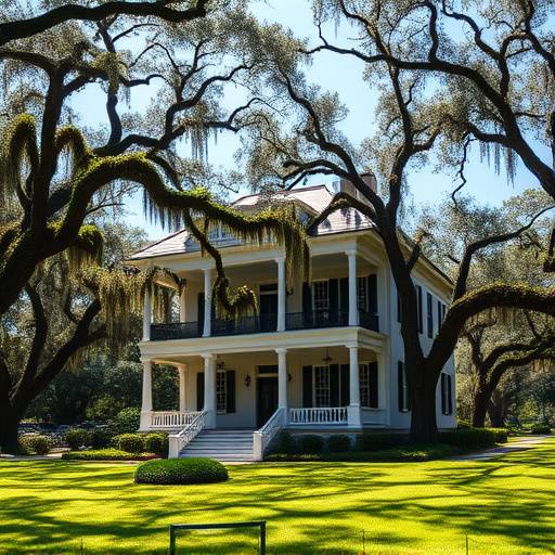 A picturesque plantation house with sprawling grounds and oak trees draped in Spanish moss near Savannah, Georgia.