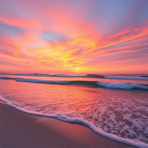 A scenic shot of Tybee Island's beach at sunset, with gentle waves lapping the shore and colorful skies.