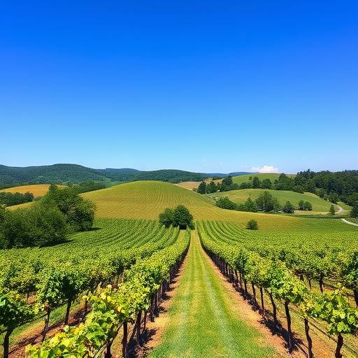 A scenic vineyard in North Georgia, with rows of grape vines stretching across rolling hills under a clear blue sky.