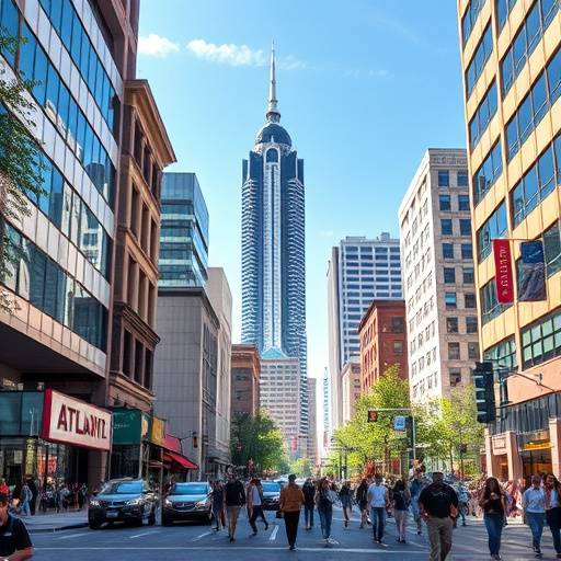 A vibrant street scene in downtown Atlanta with modern architecture and bustling pedestrian traffic on a sunny day.