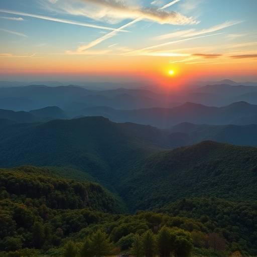 Aerial view of the Blue Ridge Mountains in North Georgia at sunrise. Lush green forests blanket the rolling hills.