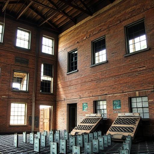 An old, abandoned textile mill in a rural Georgia town, showcasing its weathered brick walls and broken windows.