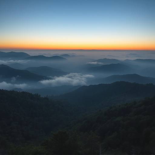 Panoramic view of the Blue Ridge Mountains at dawn, showcasing the misty valleys and dense forests in northern Georgia.