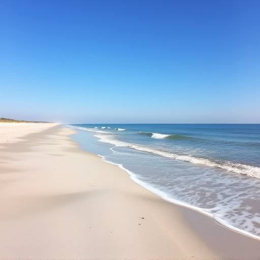 The sandy coastline of Tybee Island, Georgia, with gentle waves and clear blue skies.